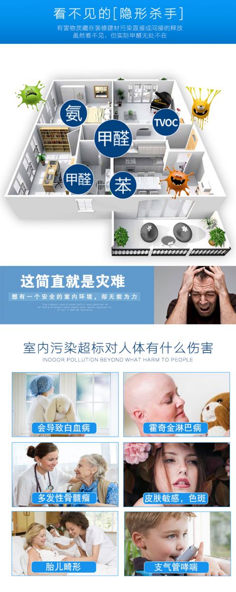 看不見的[隱形殺手]有害物質(zhì)在裝修建材污染直接或間接的釋放，雖然看不見，但實(shí)際甲醛無處不在，氨，甲醛，苯，TVOC，這簡直是災(zāi)難，想有一個(gè)安全的室內(nèi)環(huán)境，卻無能為力，室內(nèi)污染超標(biāo)對人體有什么傷害，會導(dǎo)致白血病，霍奇金淋巴病，多發(fā)性骨髓瘤，皮膚敏感，色斑，胎兒畸形，支氣管哮喘