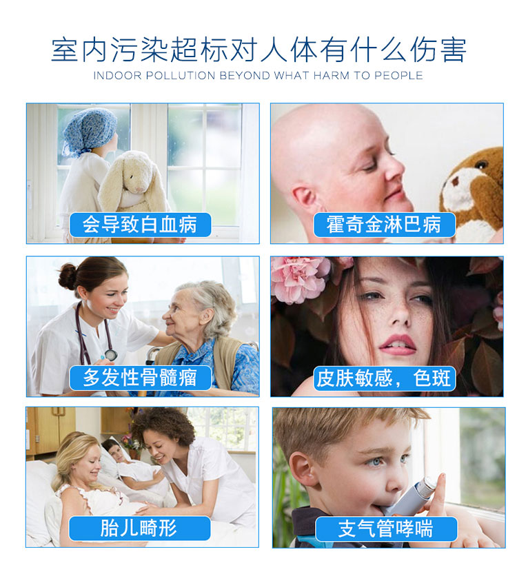 看不見的[隱形殺手]有害物質(zhì)在裝修建材污染直接或間接的釋放，雖然看不見，但實(shí)際甲醛無處不在，氨，甲醛，苯，TVOC，這簡(jiǎn)直是災(zāi)難，想有一個(gè)安全的室內(nèi)環(huán)境，卻無能為力，室內(nèi)污染超標(biāo)對(duì)人體有什么傷害，會(huì)導(dǎo)致白血病，霍奇金淋巴病，多發(fā)性骨髓瘤，皮膚敏感，色斑，胎兒畸形，支氣管哮喘