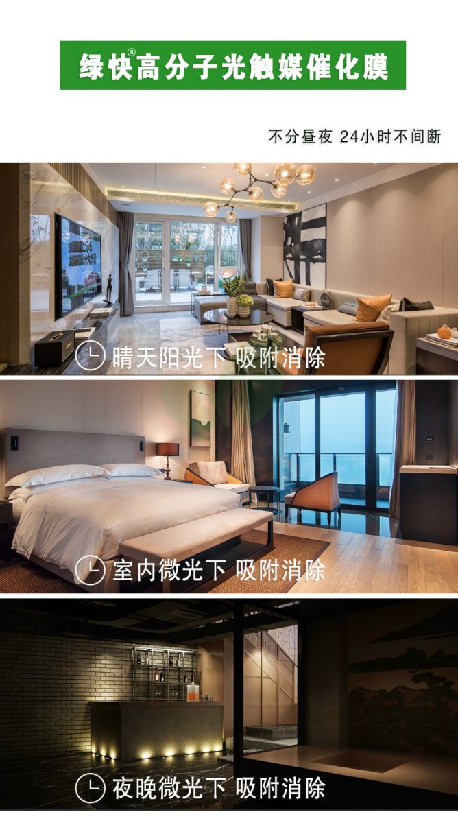 綠快高分子光觸媒催化膜，部分晝夜，24小時不間斷，晴天陽光下吸附消除，室內(nèi)微光下吸附消除，夜晚微光下吸附消除，