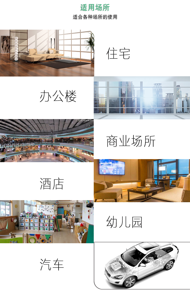適用場(chǎng)所，適合各種場(chǎng)所的使用，住宅，辦公樓，商業(yè)場(chǎng)所，酒店，幼兒園，汽車