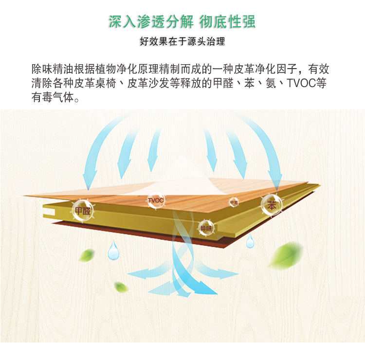 深入滲透分解 徹底性強(qiáng)，好效果在于源頭治理，除味精油根據(jù)植物凈化原理精制而成的一種皮革凈化因子，有效清除各種皮革桌椅丶皮革沙發(fā)等釋放的甲醛丶苯丶氨丶TVOC等 有毒氣體。